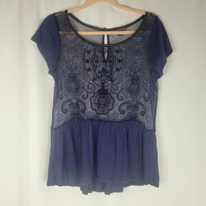 American Eagle Blouse Womens Size Large Sheer And Beaded Peplum Skirted Hem Navy